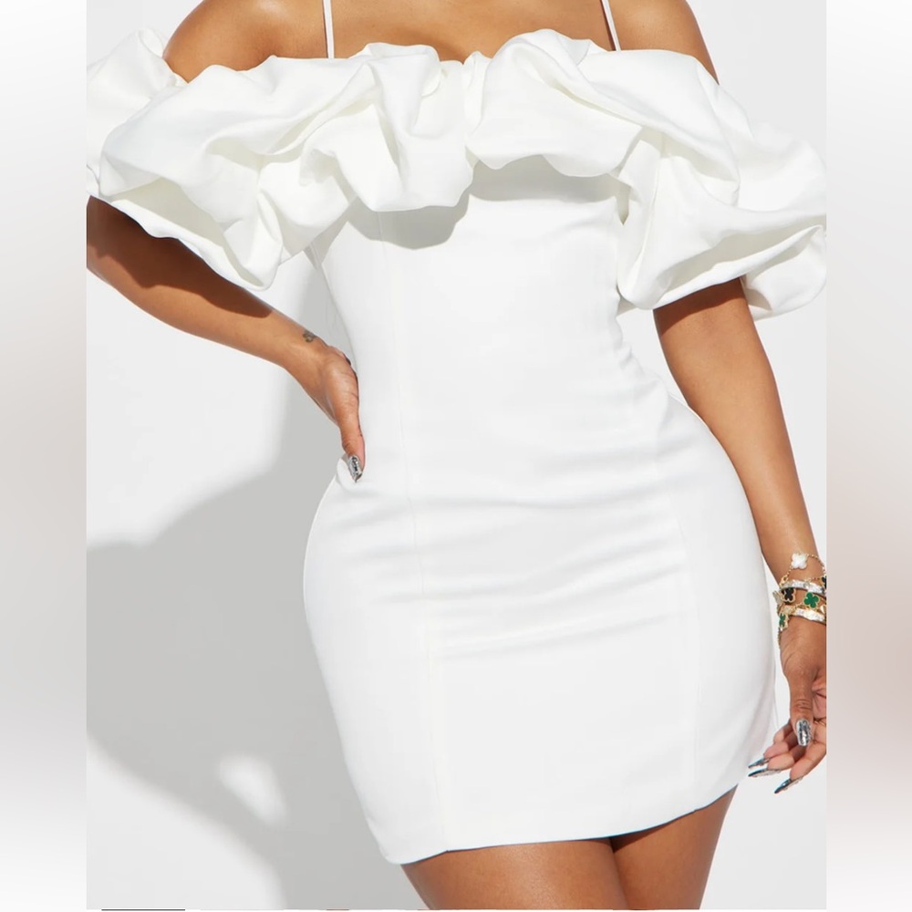 NWOT Fashion Nova Lola White Off The Shoulder Mini Dress Size L Bridal Wedding